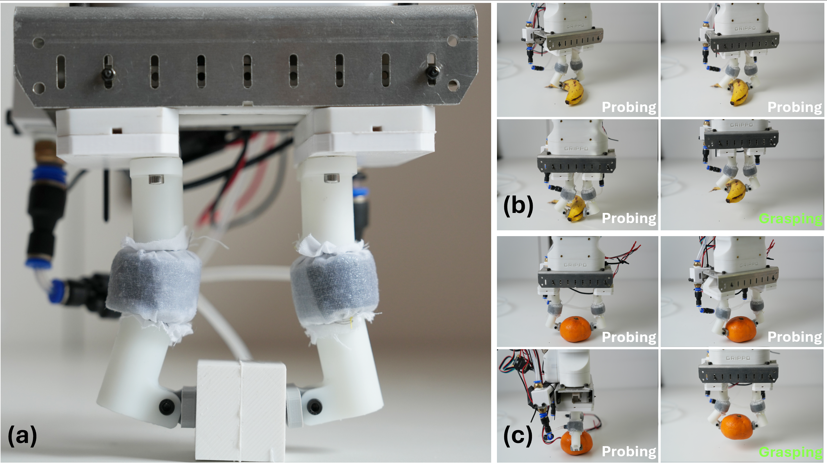 Hybrid gripper probing and grasping banana and orange objects